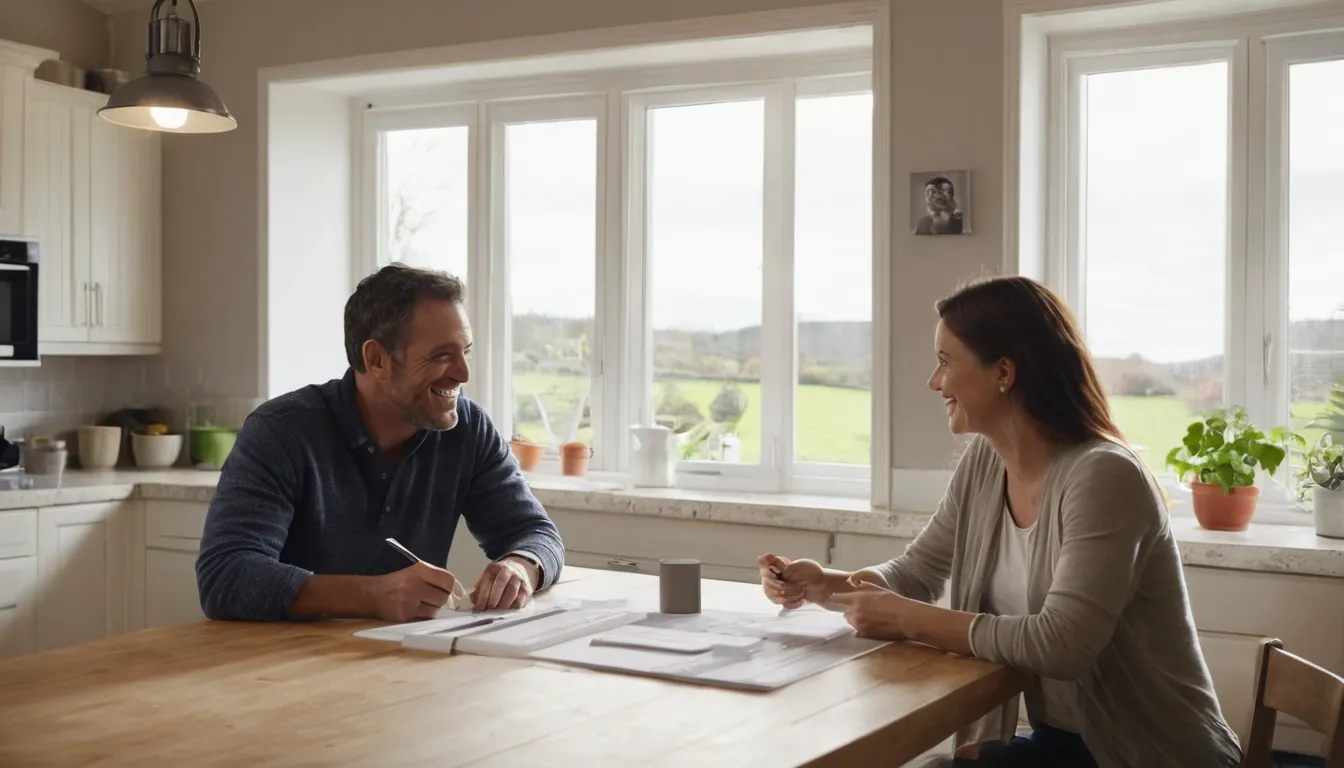 A provider and homeowner reviewing window options together at a kitchen table
